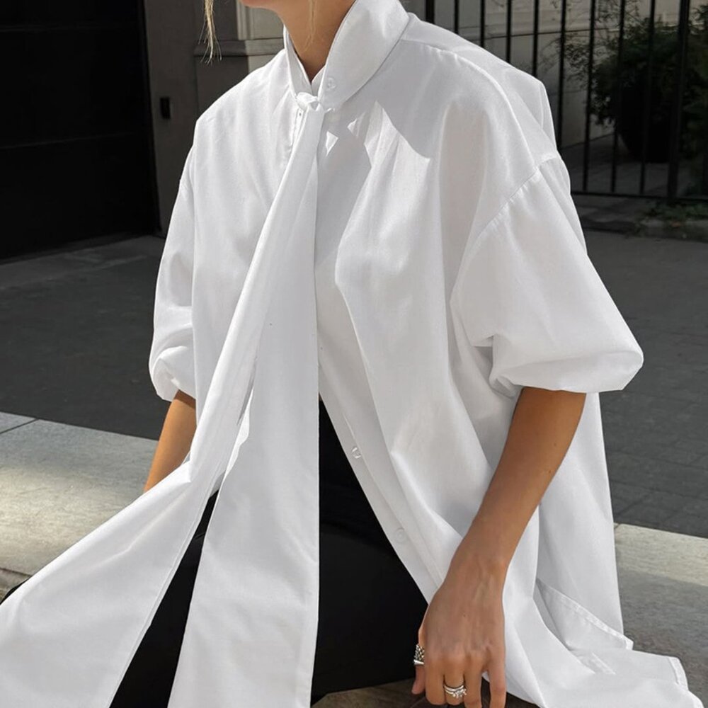 Tied Button Up Puff Sleeve Shirt